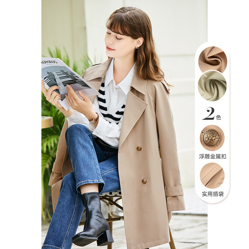 百图短款风衣外套秋装两粒扣翻领纯色女式风衣外套,淘宝优惠券,粉丝福利购,淘宝优惠卷