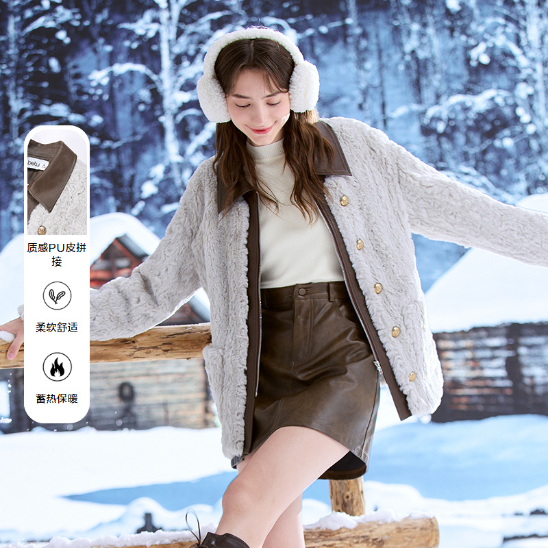 betu百图仿皮草外套皮质拼接保暖仿皮草拉链保暖外套女 - 图0