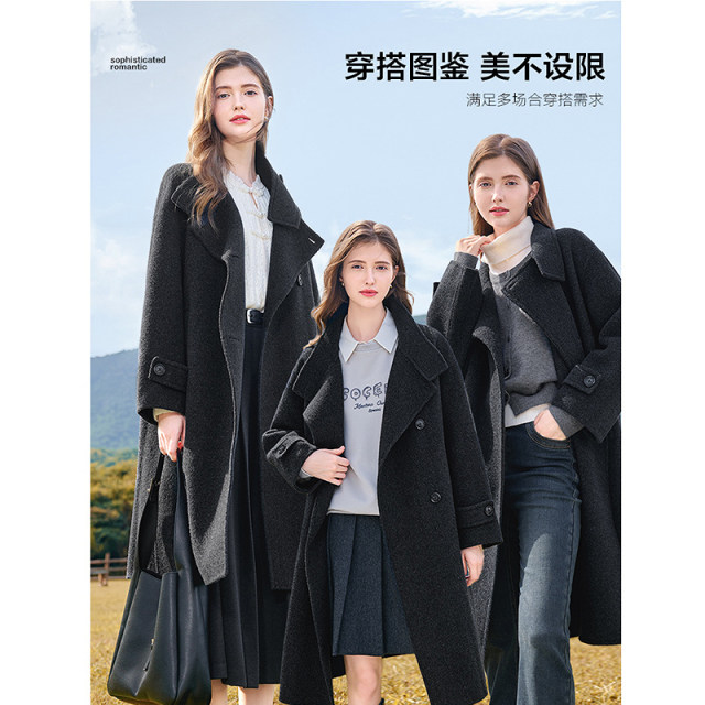 Betu Baitu sheep wool coat, high-end and temperament, stand collar, mid-length double-sided wool coat