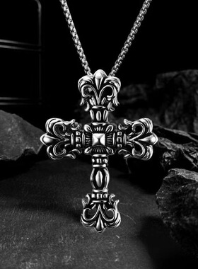 钛钢不掉色复古图腾大十字架项链