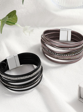 欧美跨境镶钻手镯皮革彩色闪钻时尚百搭外贸款烫钻简约手链