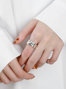 云潮轩S925纯银牛油果夹心珐琅宽面波浪形不规则英文指环开口