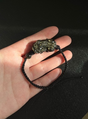 天然黑曜石貔貅手链男款黑色水晶金曜石手绳编织配饰情侣款送男生