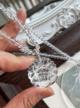 天然白水晶狐狸吊坠白狐九尾狐项链情侣双狐圆狐牌锁骨链女礼物