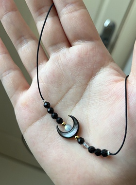 天然黑蝶贝月亮项链极细月光石锁骨链仙气贝母月牙编绳吊坠女闺蜜