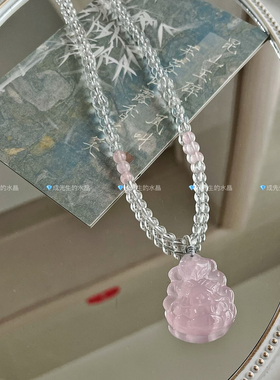 天然粉水晶九尾狐吊坠狐牌将军狐项链狐狸锁骨链桃花全珠链挂坠女