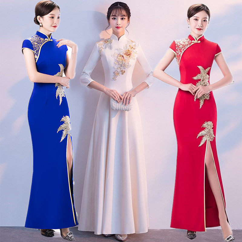 旗袍秀走秀高端演出服2023新款长款优雅显瘦年轻修身鱼尾舞台表演_虎窝淘
