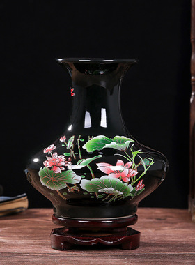 景德镇陶瓷装饰水晶釉花瓶中式贴花工艺品摆件纯手工黑底荷花花瓶
