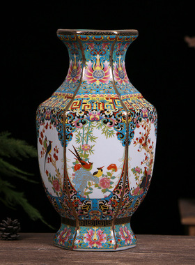 景德镇陶瓷花瓶仿古中式瓷器装饰品摆件工艺品琅彩锦鸡六方瓶