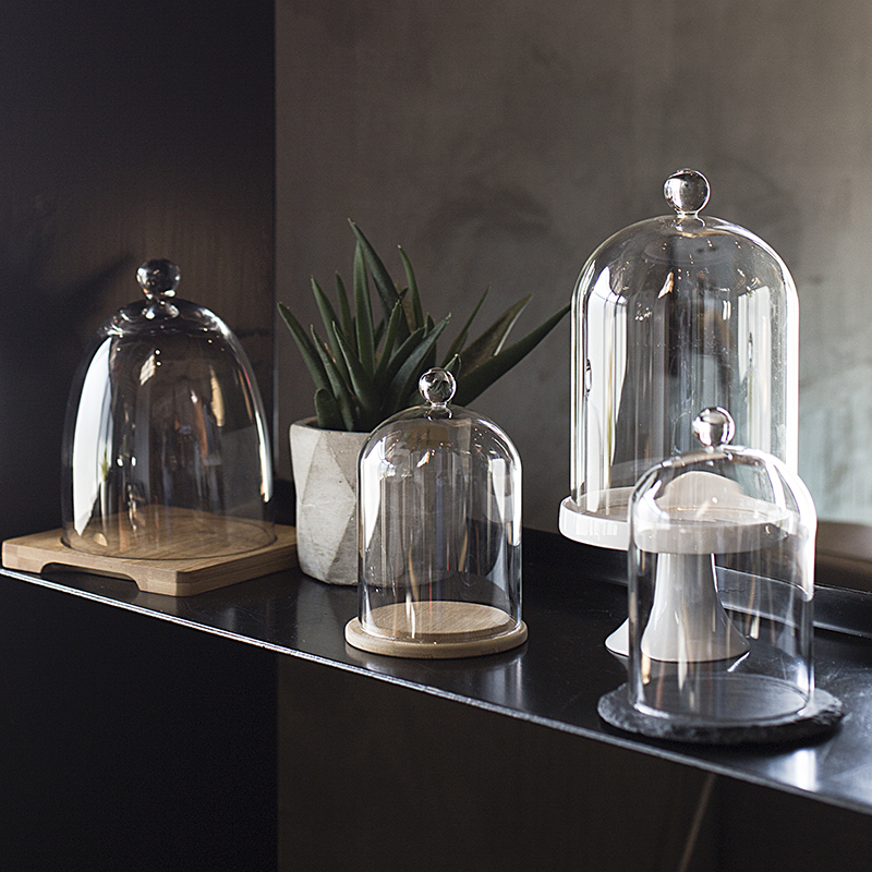 [非非]玻璃保鲜罩盖蛋糕罩陶瓷底座甜品罩套装装饰玻璃罩永生花 - 图0