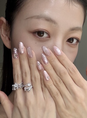 柔粉猫眼手工穿戴甲仙女光感甲片日常百搭甜美温柔夏季美甲新款款