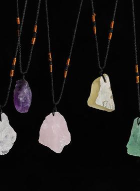 晶德珠宝 天然水晶原石黑绳项链粉晶萤石欧美时尚毛衣链饰品