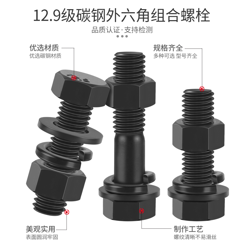 12.9级外六角螺丝螺母套装国标高强度螺栓平弹垫组合M5M6M8M10M30-图1