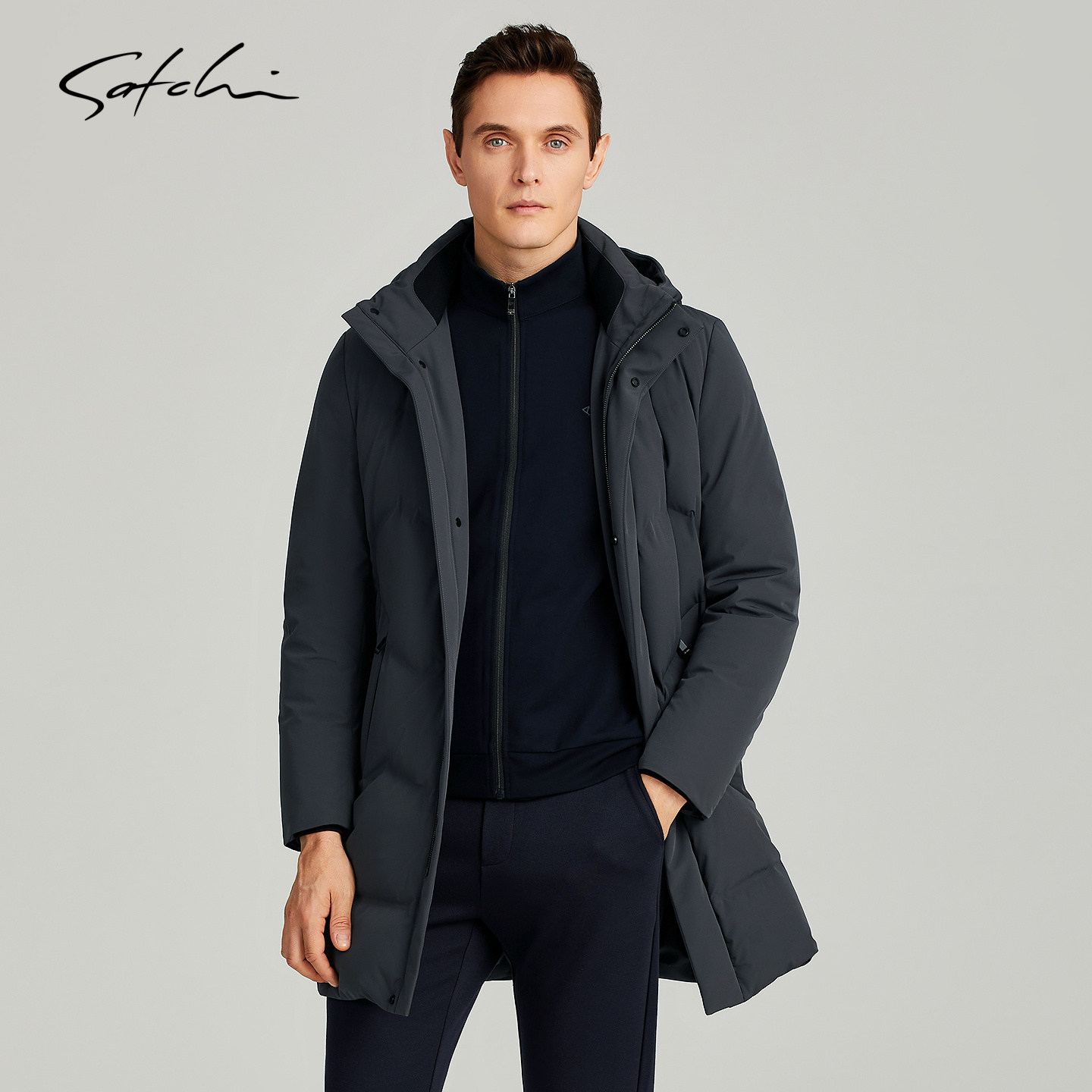 SATCHI沙驰男装男士羽绒服冬季新款商务休闲中长款连帽保暖外套厚