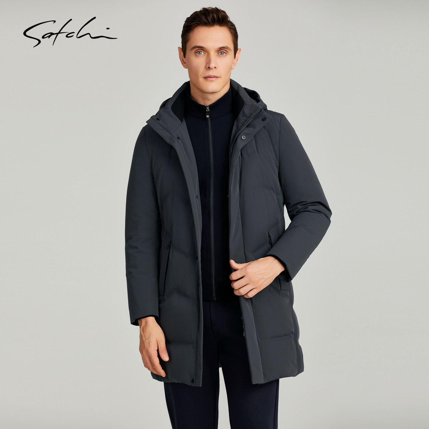 SATCHI沙驰男装男士羽绒服冬季新款商务休闲中长款连帽保暖外套厚