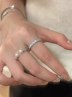 XYDZ「灯火阑珊」中古风格麻花珍珠开口戒指新款轻奢时尚全钻宽款