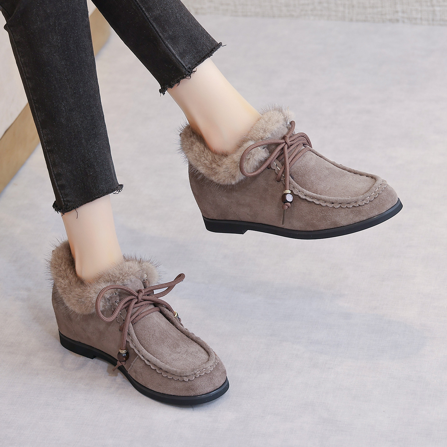 真皮毛毛鞋女冬外穿2025新款水貂毛系带软底保暖棉鞋子加绒豆豆鞋,淘宝优惠券,粉丝福利购,淘宝优惠卷