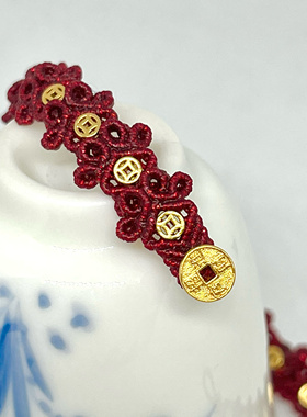 成品招财猫爪吉祥如意红绳纯手工编织S925银镀金铜钱精致可爱礼物