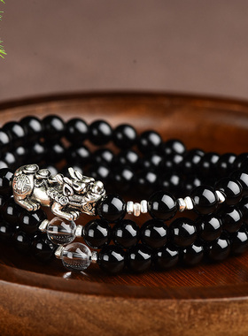 天然黑曜石貔貅手链女三圈手串