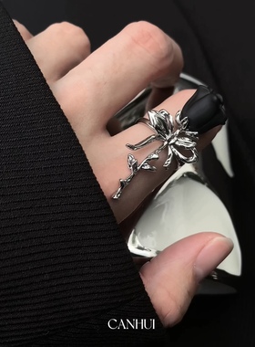 男女暗黑风黑玫瑰戒指开口可调节