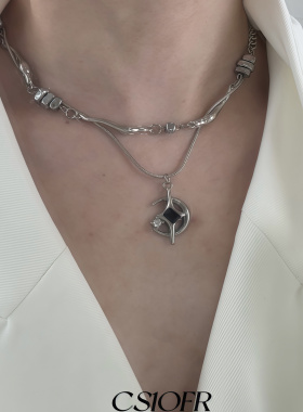 黑月光双层芒星钛钢项链男女