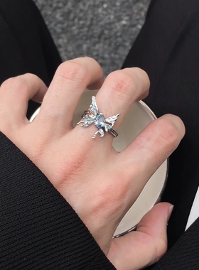 蓝蝴蝶月光戒指男女小众设计