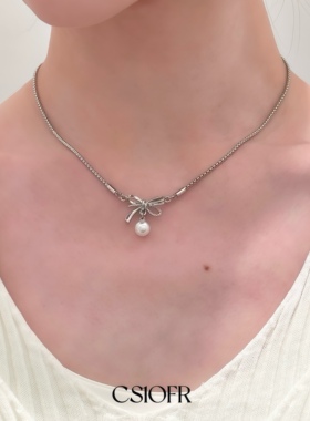 蝴蝶结珍珠项链男女小众设计