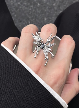 小众不规则黑月光蝴蝶戒指男女