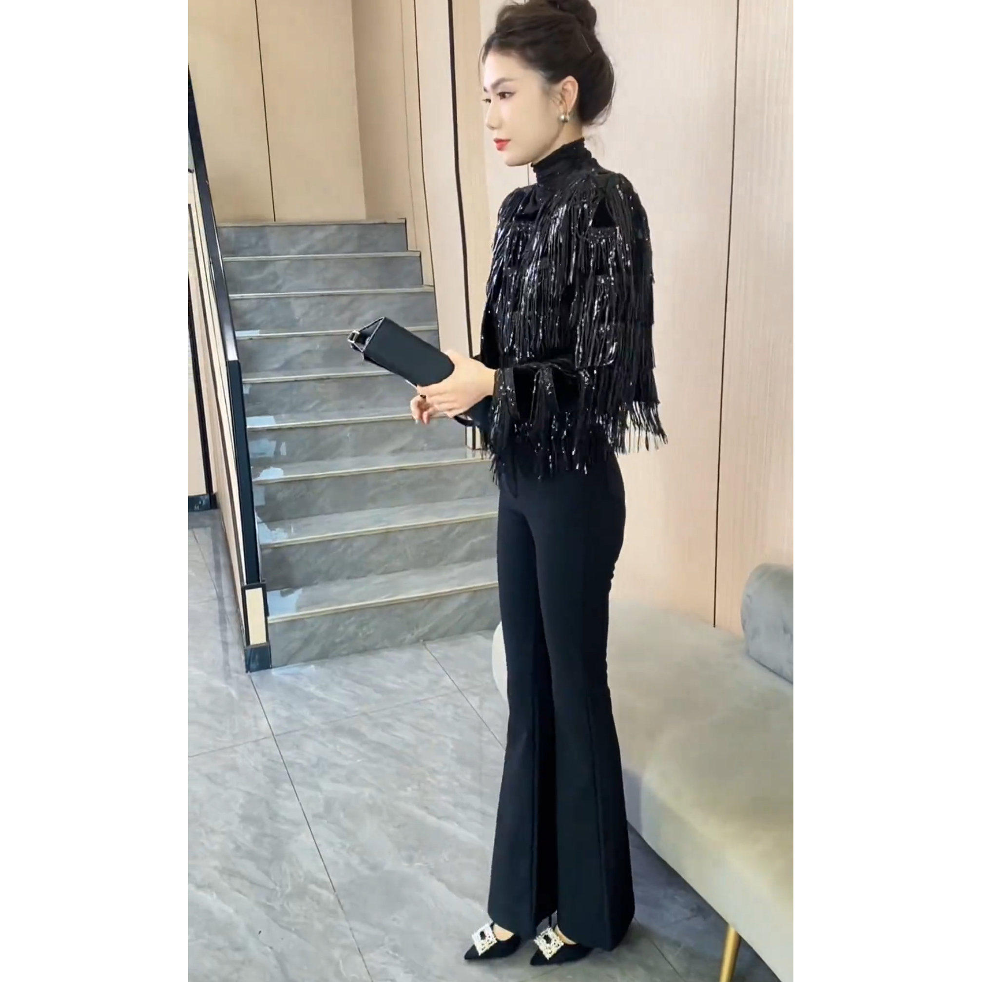 韩系高级时尚减龄套装女2025秋冬新款精致重工流苏短外套搭配皮裤,淘宝优惠券,粉丝福利购,淘宝优惠卷