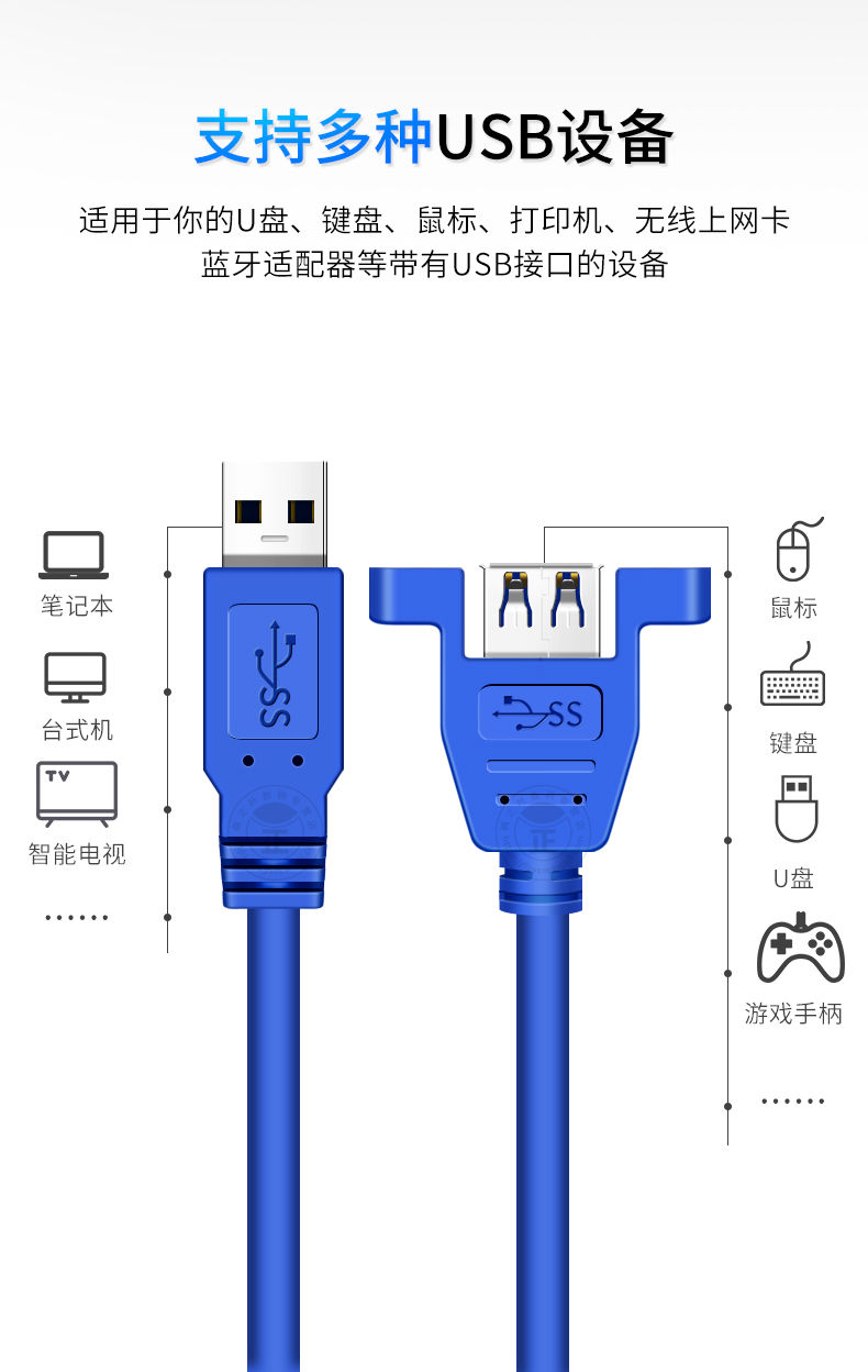 usb3.0公对母延长线带螺母固定USB3.0数据线带耳朵加长线赠送螺丝 - 图1