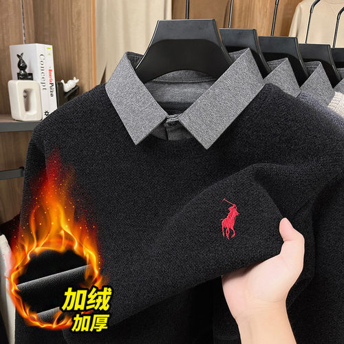 稻草人假两件针织衫男士冬季加绒加厚衬衫领毛衣男高端打底上衣潮 - 图1