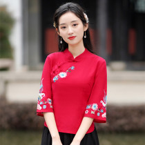 National wind womens clothing 70% sleeves cotton linen blouse 2023 new Chinese wind embroidered improved short qipao Tangclothing tea suit