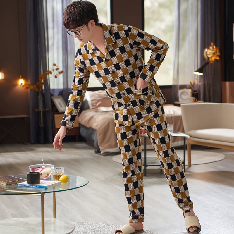 New men's spring and autumn pure cotton long sleeve pajamas