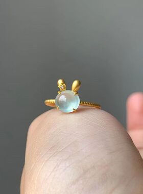兔子戒指高冰种玉髓女时尚轻奢开口调节饰品个性闺蜜同款