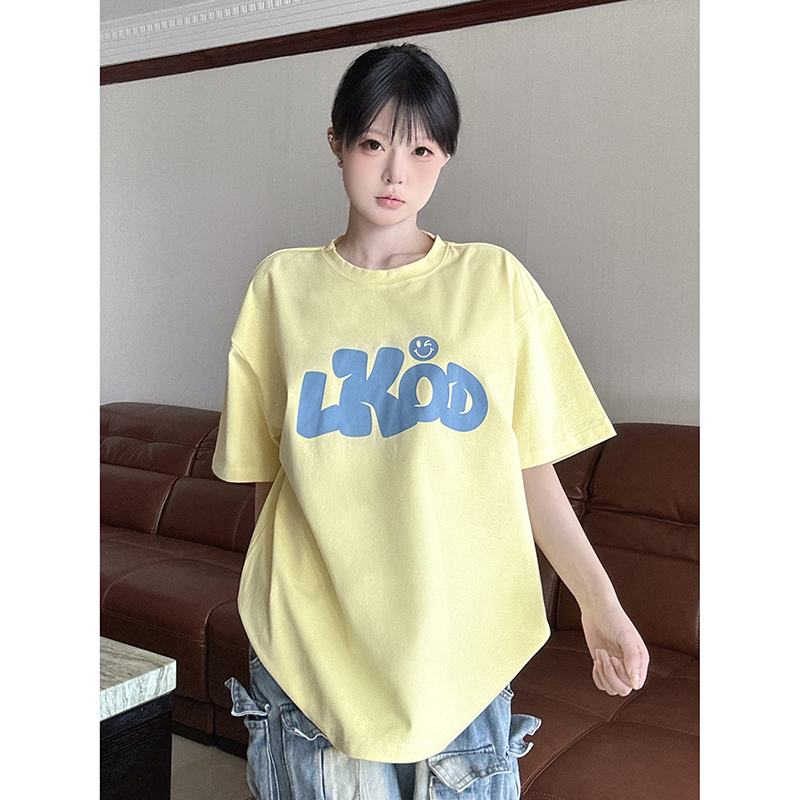 LK STORE LKOD2024夏季新款趣味字母笑脸短袖圆领宽松潮牌T恤打底 - 图1