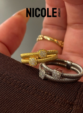 Nicole Jewelry 小众通勤意大利制造金弦线双圈镶钻S925纯银戒指