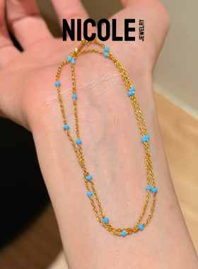 Nicole jewelry 蓝珐琅间隔扭扭麻花链极细纯银项链绿松石橄榄珠