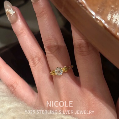 Nicole 925银镀金玫瑰花培育钻石戒指女小众设计感轻奢气质百搭