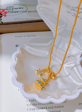 金色同款沙金招财拉丝蓝色镶钻六芒星葫芦盘缠项链高级感轻奢百搭