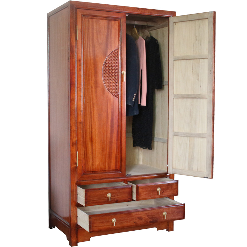 新中式雕花香樟木大衣柜家用现代简约两门全实木整体衣橱卧室家具