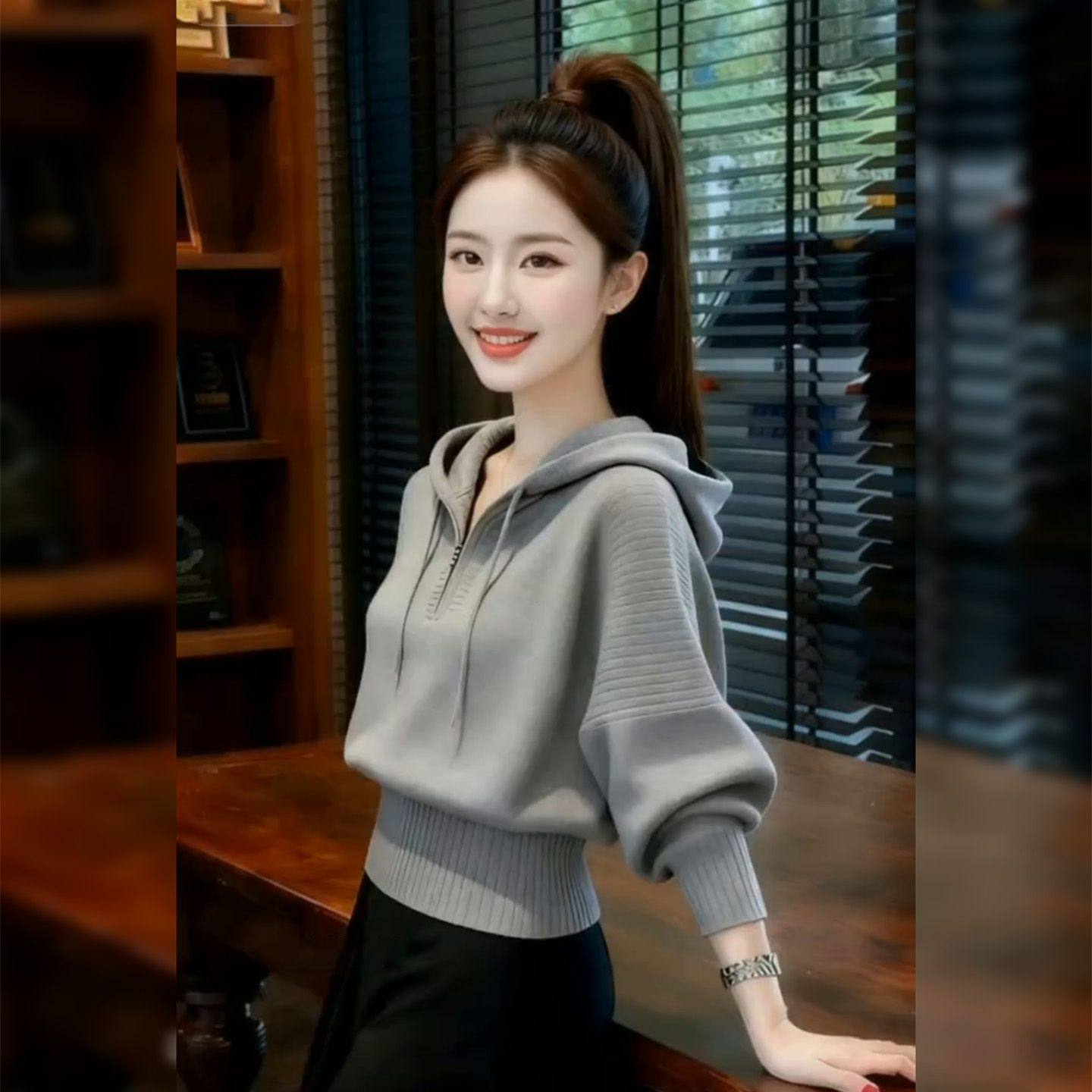 半拉链连帽毛衣上衣女秋冬设计感小众高级感修身长袖针织衫外套女,淘宝优惠券,粉丝福利购,淘宝优惠卷