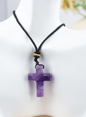 天然石横孔十字架粉晶东陵玉紫晶项链挂件复活节项链diy饰品配件