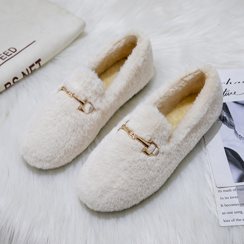 毛毛鞋女秋冬外穿加绒厚底2025年新款百搭兔毛棉鞋网红平底豆豆鞋,淘宝优惠券,粉丝福利购,淘宝优惠卷