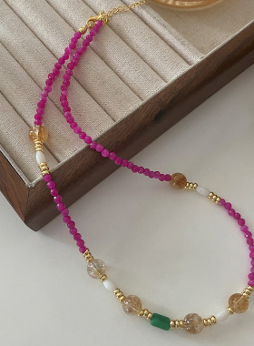 正品玫红色火龙果切面石串珠项链女小众时髦百搭锁骨链白贝珠颈链