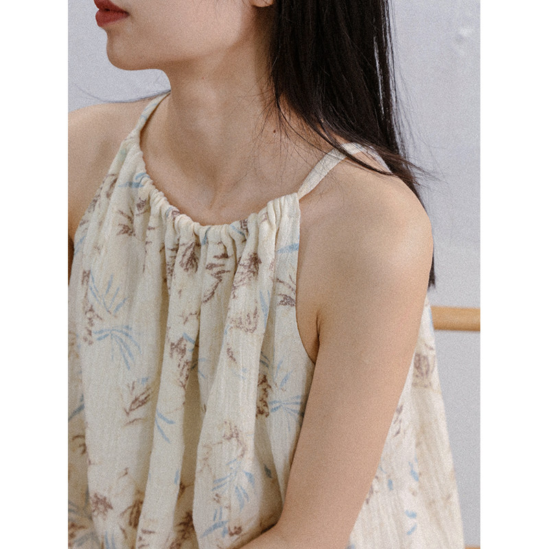 【限量款】重工草木染印花亚麻吊带裙背心长裙宽松无袖棉麻连衣裙 - 图2