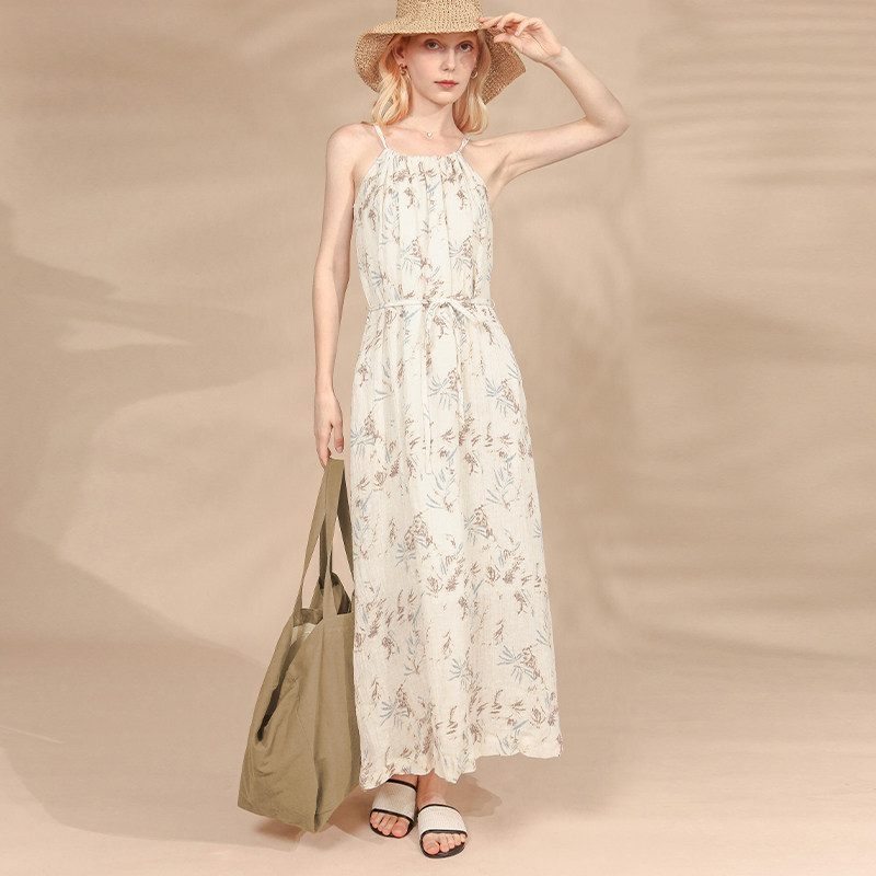 【限量款】重工草木染印花亚麻吊带裙背心长裙宽松无袖棉麻连衣裙 - 图0
