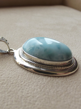 爱和光珠宝 天然海纹石 针纳钙石 拉利玛 水晶项坠吊坠挂件 银镶