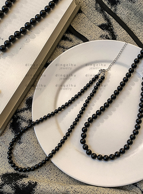 黑色天然石串珠项链女士复古轻奢简约高级感锁骨链2025年新款颈链