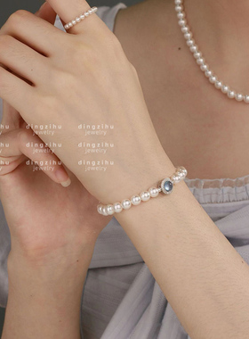 海蓝宝6mm强光S家珍珠手链纯银