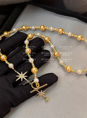 高定香槟金撞色珍珠项链女轻奢小众高级感气质毛衣链2024新款颈链